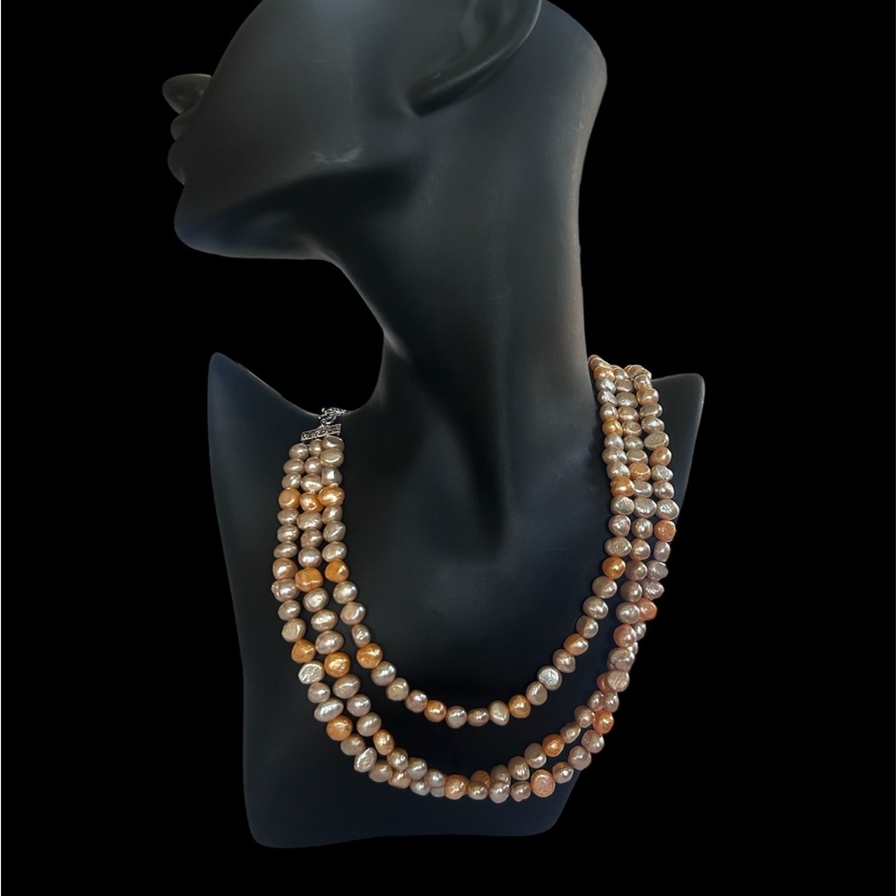 925 Sterling Silver Triple Strand Peach & Champagne Freshwater Pearl Necklace